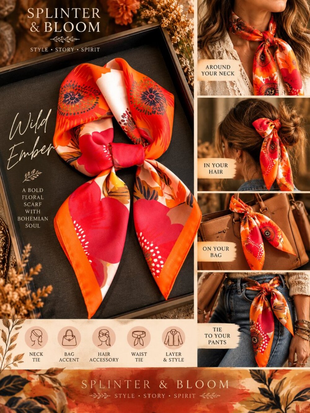NWT Wild Ember Floral Square Scarf | Silky-Look Boho Hair & Bag Accessory